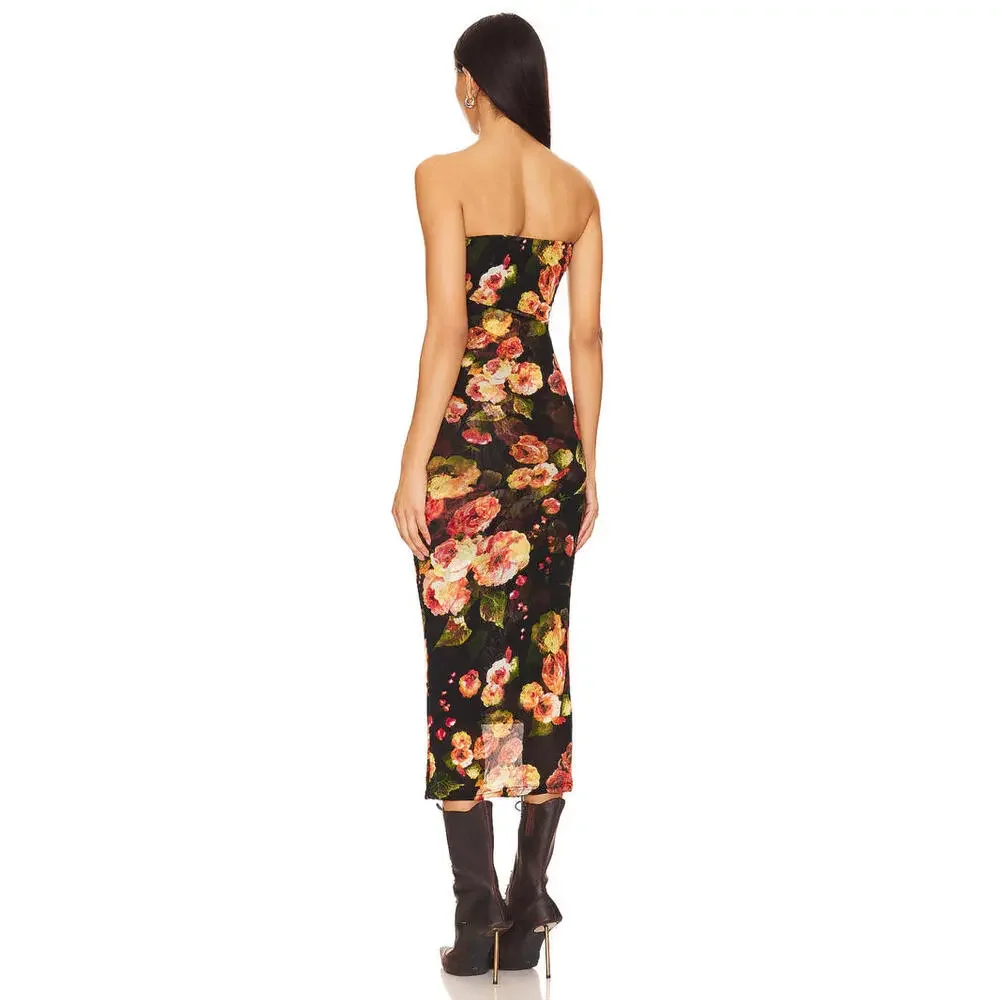 Revolve superdown rose maxi dress Size L black floral print strapless NWT